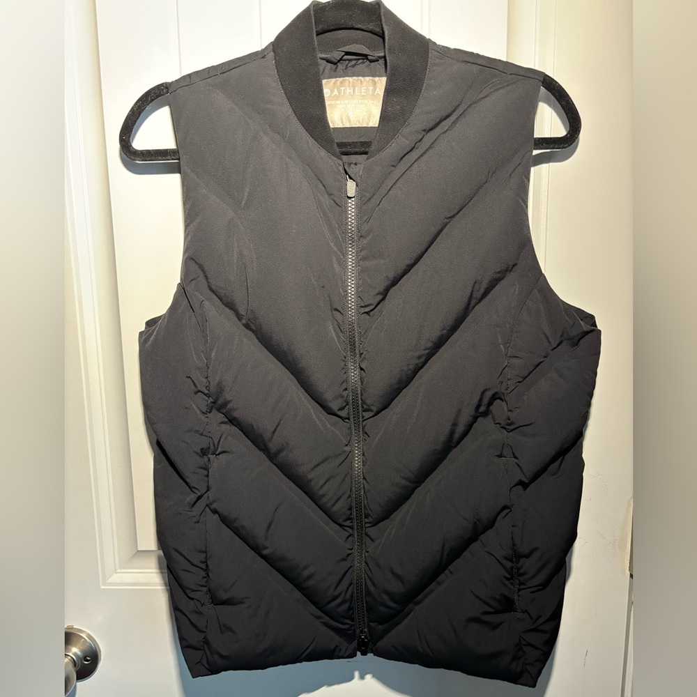 ATHLETA Small Black Women’s Puffer Vest w/Goose Down for Runners Joggers